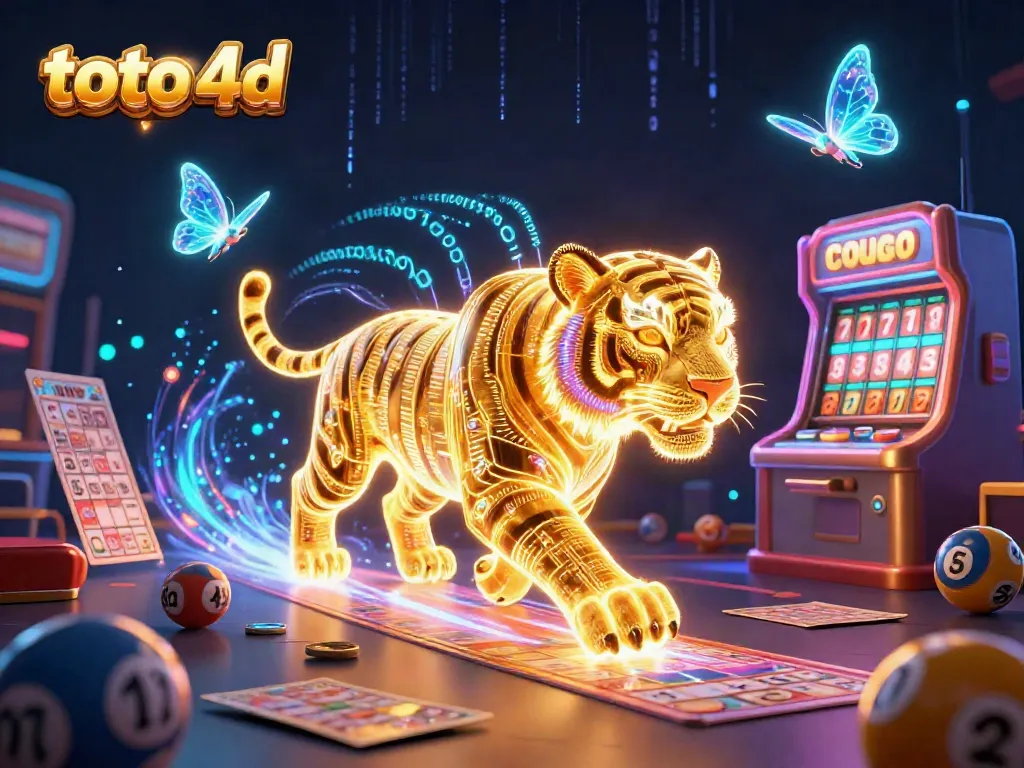 Menang di toto 4D dengan mesin lotere dan kartu bingo di latar belakang canggih