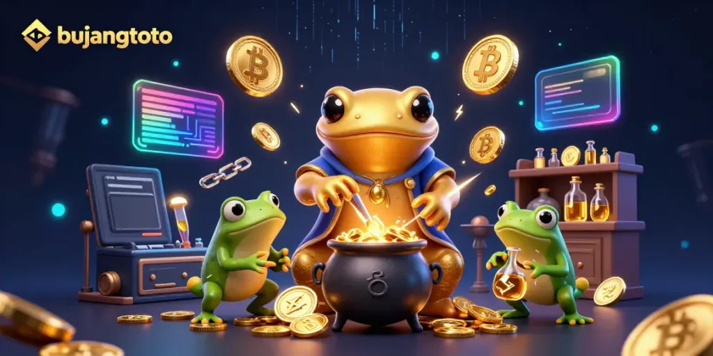 Experience the magic of bujangtoto as a salamander alchemist transforms metals into gold coins amidst a vibrant casino scene.