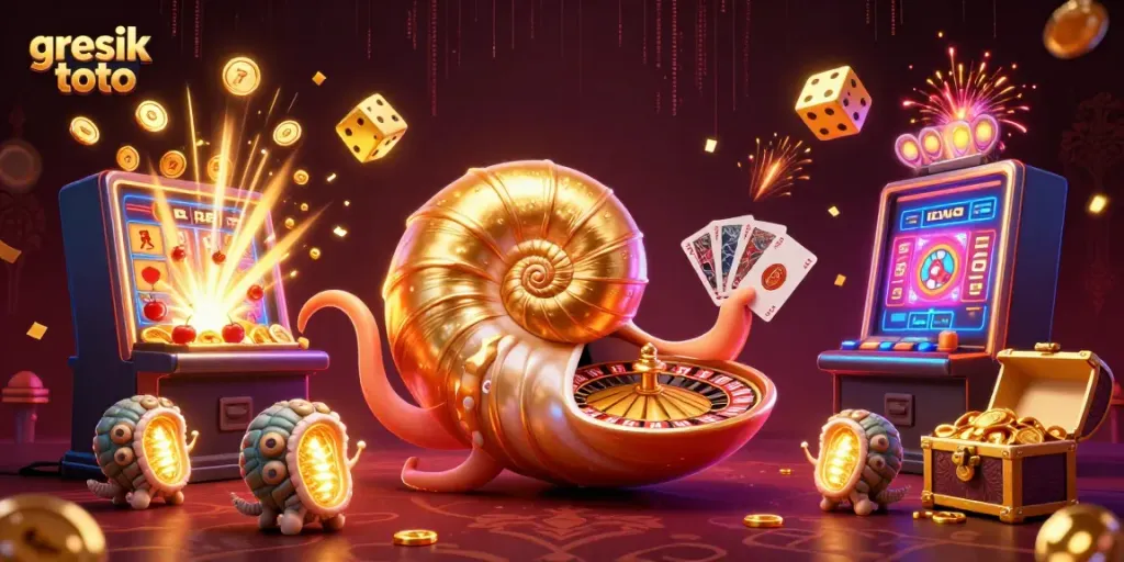 Experience the excitement of Gresik Toto with the giant nautilus roulette wheel and slot symbols bursting with gold.