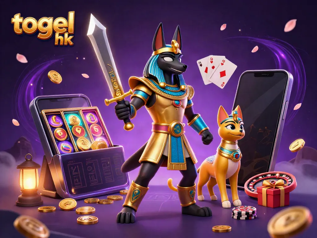 Permainan togel hk dengan karakter Anubis dan Bastet di dalam ilustrasi 3D yang kaya, penuh detail.