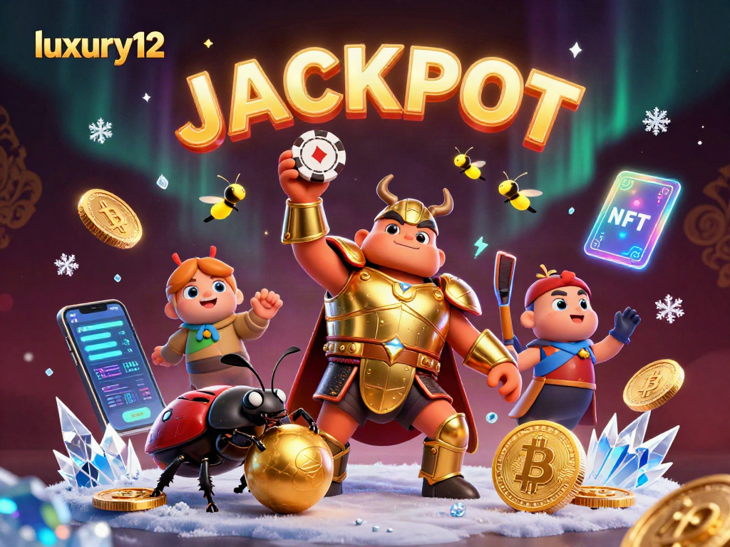 Experience luxury12's thrilling crypto casino adventure with vibrant characters, poker chips, and glowing coins.