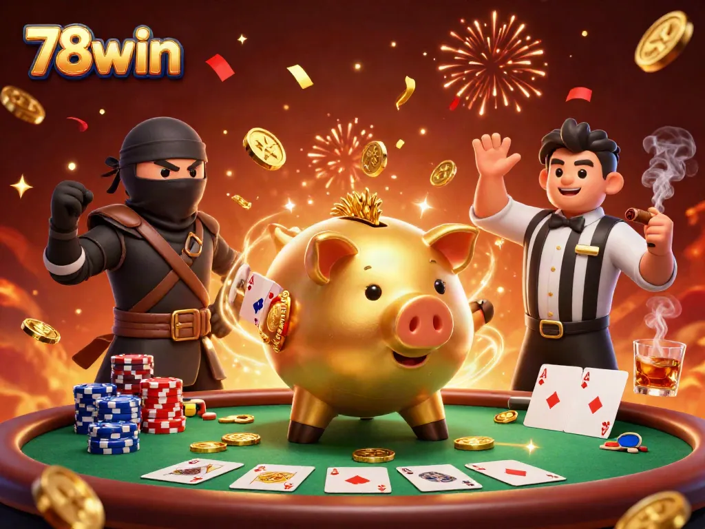 Engaging scene showcasing 78win's vibrant gaming atmosphere with a golden piggy bank sumo wrestler and dynamic poker elements, celebrating user engagement.