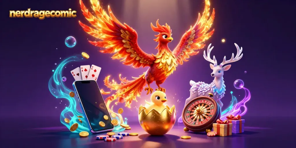 Gambar komik nerdragecomic dengan phoenix, slot smartphone, dan efek menyala di kasino.