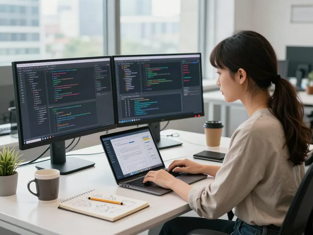 Seorang pengembang perangkat lunak wanita sedang bekerja dengan diana4d di kantor modern.
