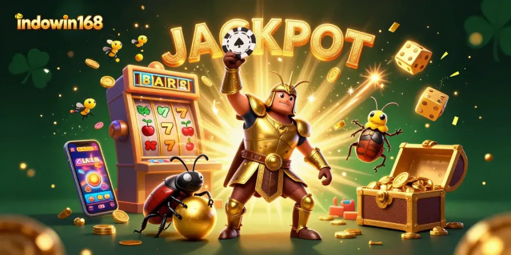 Spin to win with indowin168 as beetles celebrate the jackpot with glimmering casino symbols.