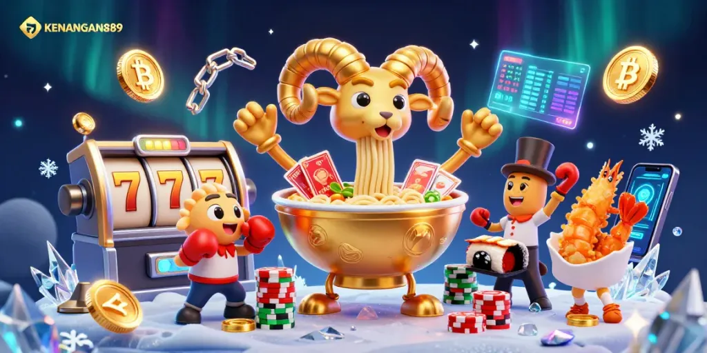 Experience the excitement of KENANGAN889 as the giant ramen bowl dealer serves up winnings in a lively casino scene.