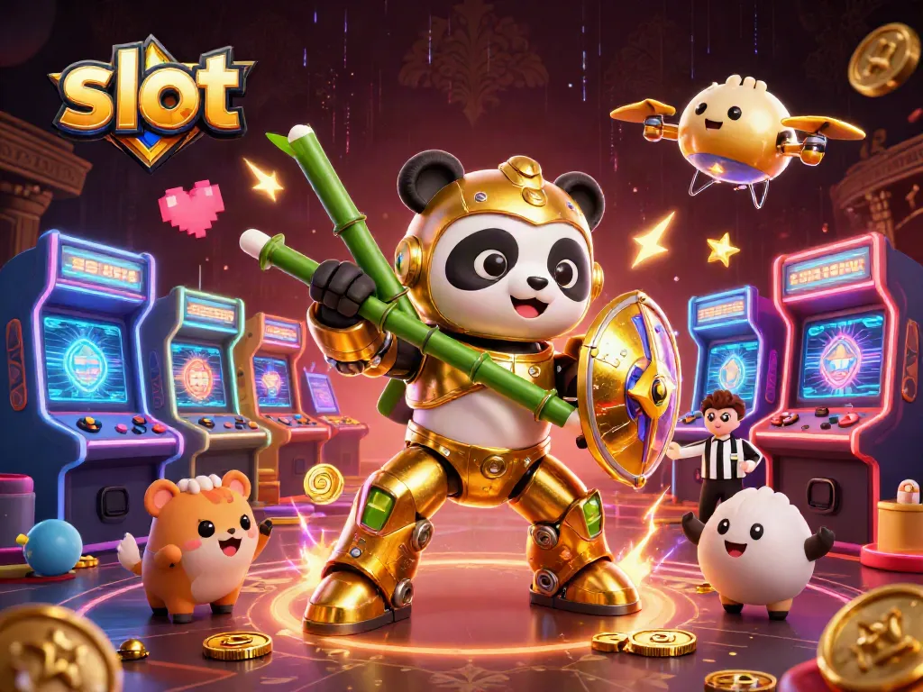 Menang jackpot slot dengan panda emas dalam robot bertarung di arena penuh semangat.
