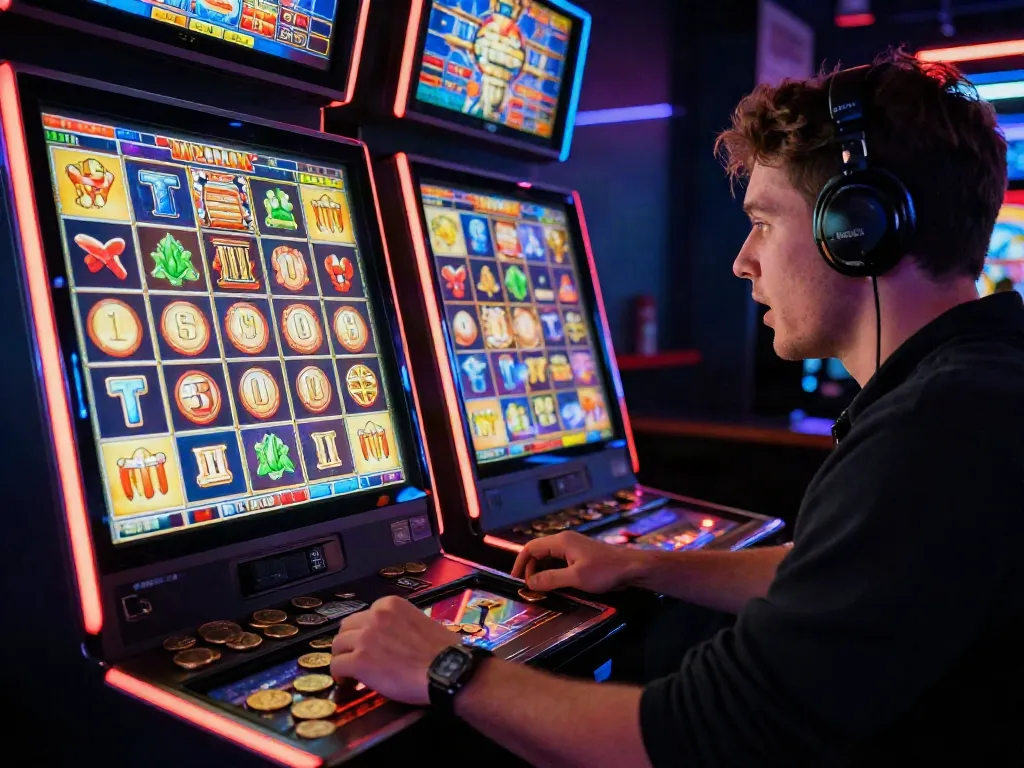 Permainan slot online di NAGAHOKI303 dengan pemain fokus pada gulungan berputar.