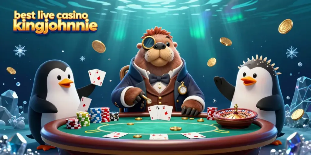 Experience the excitement at the best live casino kingjohnnie with playful characters at a vibrant poker table underwater.