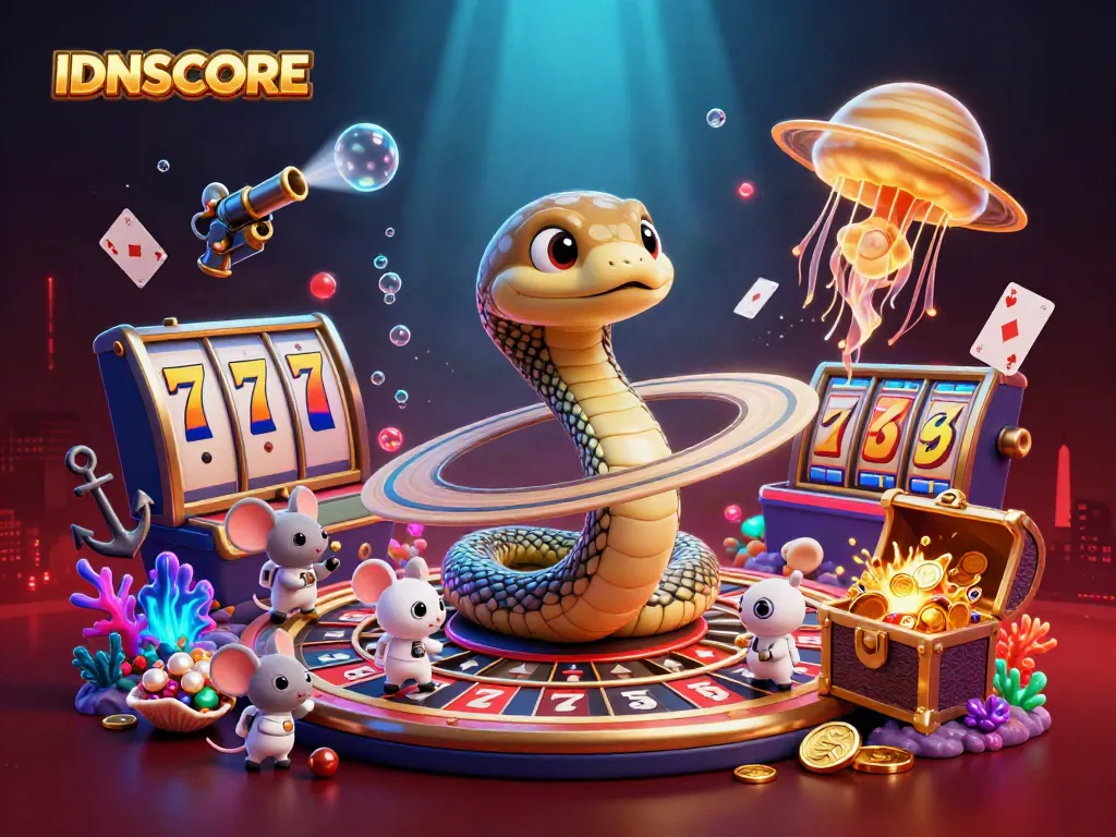 Bet on exciting slots with IDNSCORE in a vibrant cosmic casino scene full of winning elements.