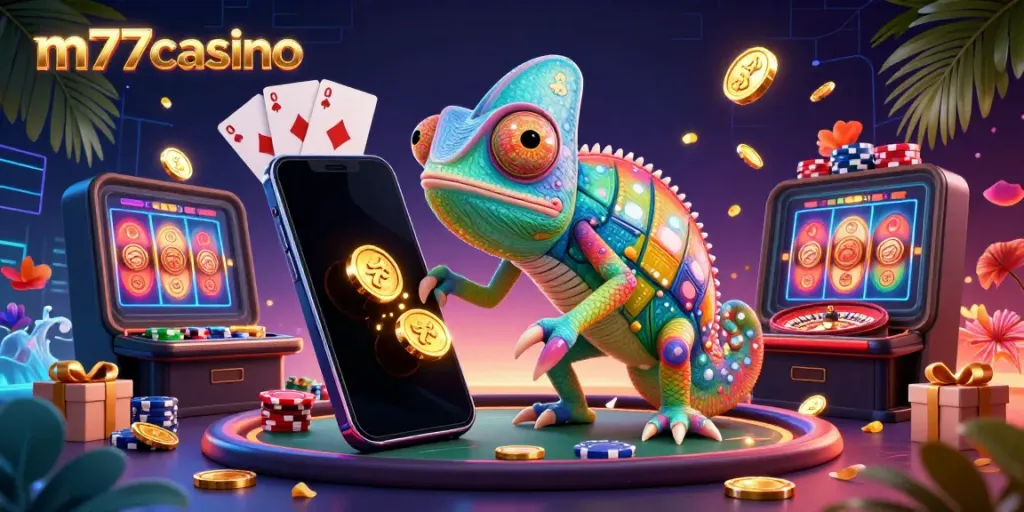 Visualisasi m77casino yang menampilkan chameleon kasino dengan elemen permainan yang semarak.