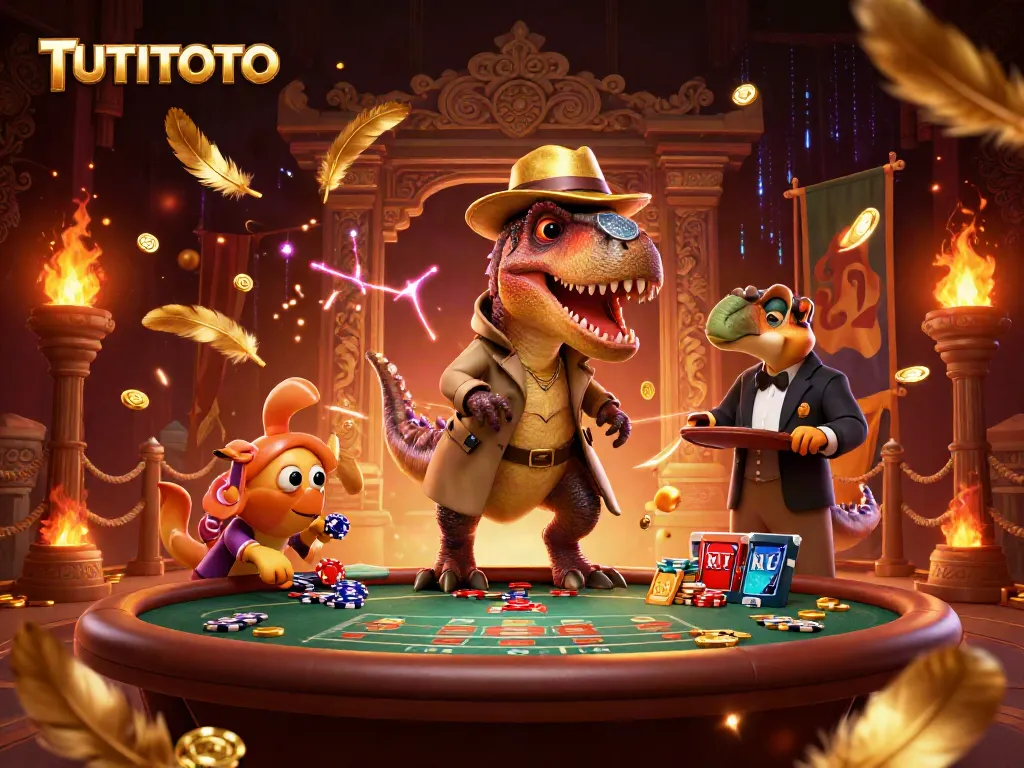 TUTITOTO showcases an animated velociraptor card counter hiding at a blackjack table amidst gold coins and vibrant casino elements.