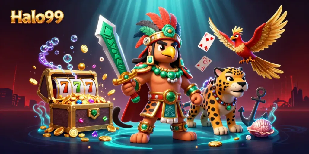 Engage in thrilling gameplay at Halo99 with vibrant 3D art showcasing the excitement of slot machines.