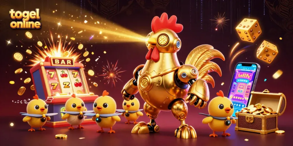 Menang besar dengan togel online: ilustrasi robot ayam emas dan mesin slot raksasa.