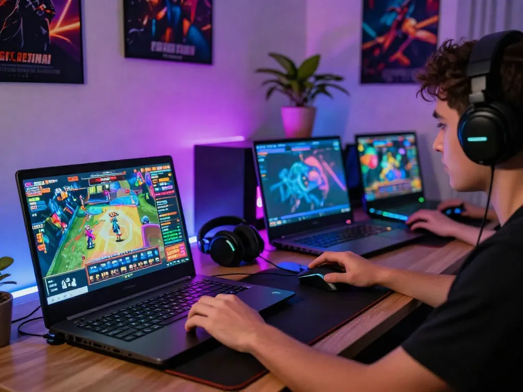 Player immersed in slot games with vibrant graphics in a modern gaming setup.