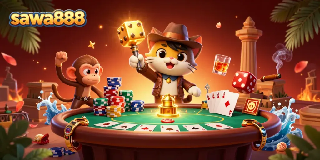 Sawa888's vibrant casino adventure scene featuring a casino artifact discovery.