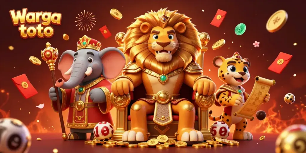 Warga toto laris dengan karakter raja singa, gajah, dan cheetah dalam suasana meriah permainan lotere.