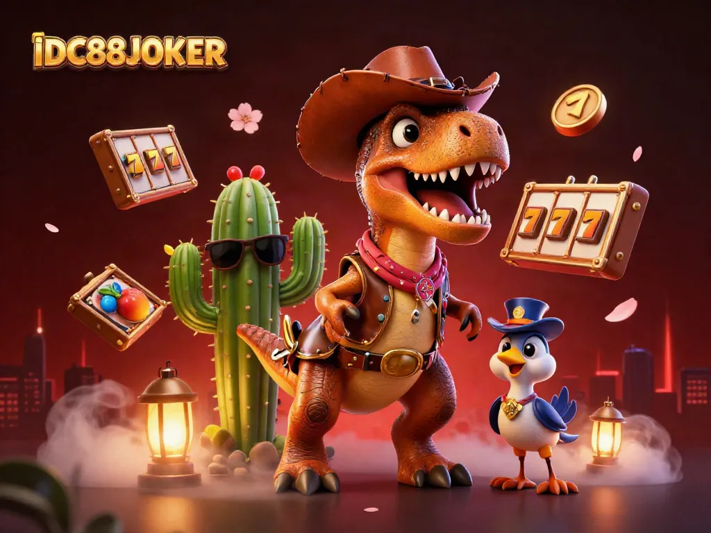 Join the excitement at IDC88JOKER with vibrant slot reels and lively companions in a dynamic casino scene.