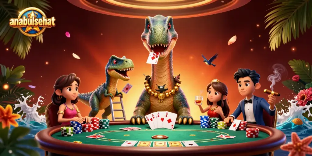 Menangkan permainan dengan anabulsehat di kasino, brontosaurus besar dan raptor sebagai dealer kartu.