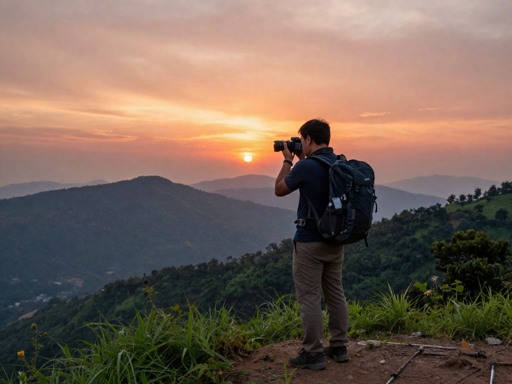 Pemandangan indah Pakhoki saat matahari terbenam, pelancong berperalatan hiking bersiap untuk menjelajah.